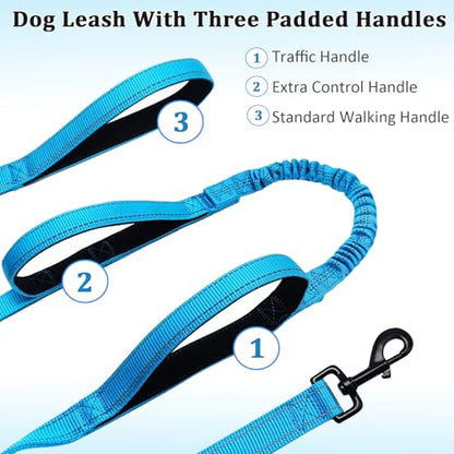 WYuZe 3 Handle Dog Leash for Medium Large Dogs 7FT Bungee Traffic Dog Leash | Reflective Heavy Duty Nylon Training Leash Shock Absorbing Triple Padded Handle No Pull Control Walking (7FT, Blue) - color: Blue
