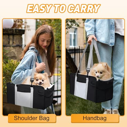 Portable Dog Car Seat for Small Dogs - Pet Booster Seat with Safety Leash, Adjustable Straps, Washable Cushion & Storage Pocket - Center Console Puppy Car Seat for Travel - Black