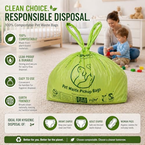 100% Compostable Pet Waste Disposal Bag (140 ct.) Plant-Based Cat Litter Poop Waste Pick-Up Bags with Handles Dog poop Bags Disposable Compost Food Scrap Liners (140 ct.)