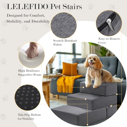 Dog Stairs for Small Dogs 18" H, Modular 3-Step Dog Steps for Bed and Couch, Non-Slip Indoor Pet Stairs for Cats, Pet Step with Washable Cover Grey - size: 3-Step 18"D x 24"W x 18"H