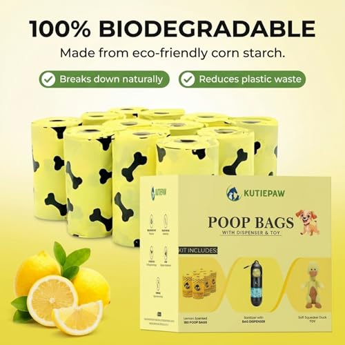 Dog Poop Bag Kit - 180 Biodegradable Lemon Scented Poop Bags for Dogs, Duck Plush Toy & Dispenser with Sanitizer - Leak Proof Extra Thick Compostable Dog Waste Bags for Eco-Friendly Walks - style: DOG KIT