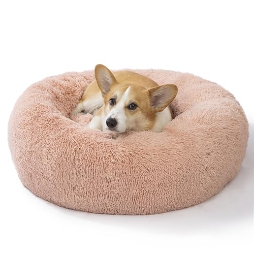 SAVFOX 30 inches Calming Donut Dog Bed - 3X Durable Plush Faux Fur, Machine Washable & Non-Slip, Fits up to 45 lbs, Pink - color: Pink, size: Medium | 30"x30"
