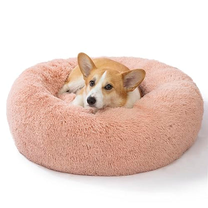 SAVFOX 30 inches Calming Donut Dog Bed - 3X Durable Plush Faux Fur, Machine Washable & Non-Slip, Fits up to 45 lbs, Pink - color: Pink, size: Medium | 30"x30"