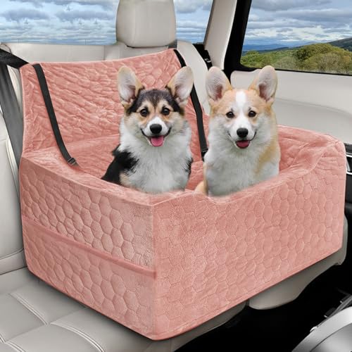Dog Car Seat for Medium/Large Dog Booster Seat Under 60 lbs or 2 Small Dogs, Multi-Functional Pet Car Seat with Thick Cushion, 2 Safety Leashes (Pink) - color: Pink