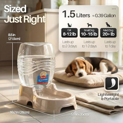 Flexzion Automatic Gravity Pet Waterer for Cat & Dog - Non-Skid & Easy-Clean Auto Replenish Water Dispenser Drinking Bowl (3/8 Gallon / 1.5L), Beige - color: Beige, size: 1.5 L