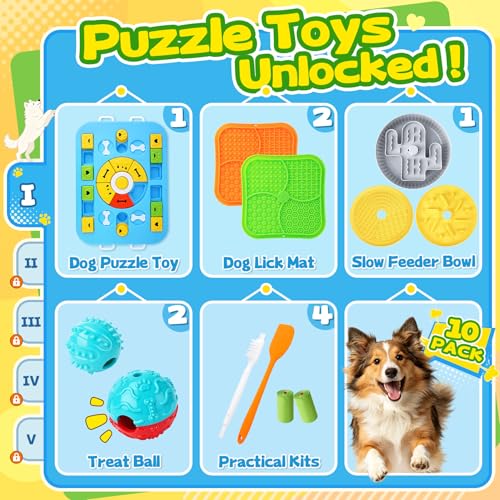Forfon 10 Pack Complete Dog Puzzle Toy Set for All Breeds, Upgraded Enrichment Toys with Lick Mat & Slow Feeder Bowl, Suction Cup Design, Keeps Dogs Busy & Mentally Stimulated - color: Expert Dog Puzzle Toys