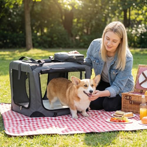 Giantex Folding Soft Dog Crate, 24 Inch Foldable Portable Dog Kennel for Small Dogs Puppy Cats, Collapsible Soft-Sided Pet Travel Crate with 5-Sided Mesh, 3 Doors, Washable Mat & Storage Pockets - size: 24.0"L x 17.0"W x 17.0"H