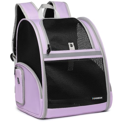 Cat Backpack Carrier for Small Dogs and Medium cat Puppy Kitten Bunny Pet Carrier Backpack Collapsible with Fully Ventilated Mesh with Safety Leash (Purple, 12.9" L x 10.62" W x 15.5" H - M) - color: Purple, size: Medium