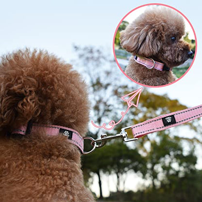 NESTROAD Dog Collar and Leash Set,Reflective Dog Collars with Quick Release Buckle,Adjustable Nylon Pet Collar for Small Medium Large Dogs(Medium,Pink) - color: Pink, size: Medium