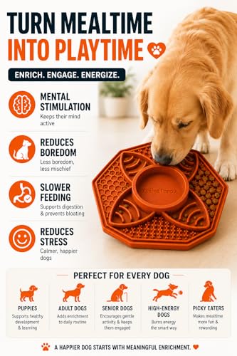 PetThrow Dog Slow Feeder Lick Mat Bundle – Octagon Silicone Feeder Bowl with Center Dish for Fresh & Wet Food, Suction Cups | Includes Spatula, Cleaning Brush & Recipe Card, Dishwasher Safe
