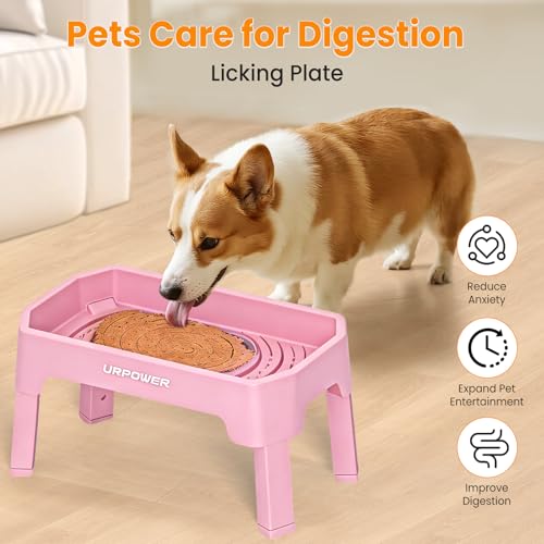 URPOWER 3-in-1 Elevated Dog Bowls - Mess Proof Double Deck 4 Height Adjustable Raised Stand with 2 Stainless Steel Food Bowls & Licking Plate for Small, Medium & Large Dogs - color: Pink, size: Large