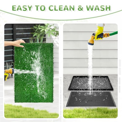 COZIWOW Fake Grass Pee Pad for Dogs, 25" x 20" Indoor Grass Potty for Dogs, Reusable Dog Pet Loo with Tray & Extra 2 PCS 23" x 18" Artificial Grass Training Pads, Portable Dog Litter Box Outdoor