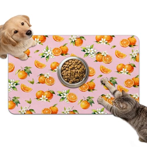 Dog Food Mat for Bowls, Absorbent Quick Dry Dog Cat Mats for Food and Water, Non-Slip Backing Pet Mat Pet Supplies - Orange Pattern - color: Orange1