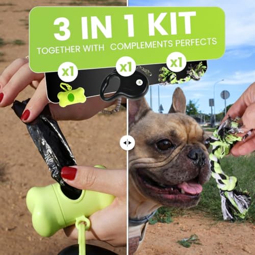 Retractable Dog Leash for Small and Medium Dogs, 3 in 1 Kit with Waste Bag Dispenser & Rope Toy, Controlled Walking Leash