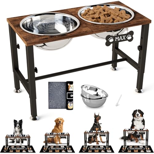 SHAINFUN Elevated Dog Bowls with Mat for Large & Extra Large Dogs, Raised Dog Bowl Stand with 2 Stainless Steel Bowls, Tall Dogs Food Water Bowl Holder - color: Brown-3L