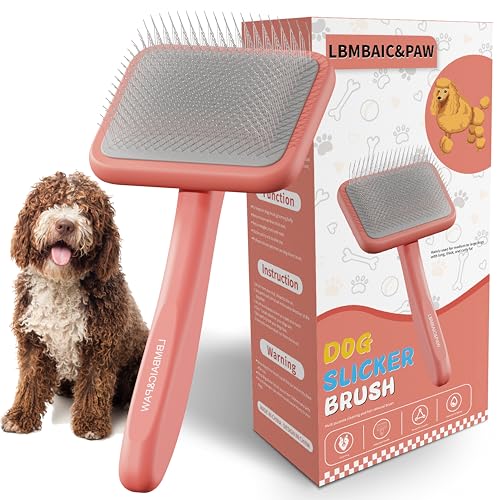 Dog Brushes for Poodle,Doodle,Goldendoodle,Labradoodle Coats Best Slicker Brush for Dogs Thick Long Curly Hair Shedding Detangles,Fluffy Grooming Fast Long Pin Slicker Brush Dematting.Wooden(Large) - color: Pink