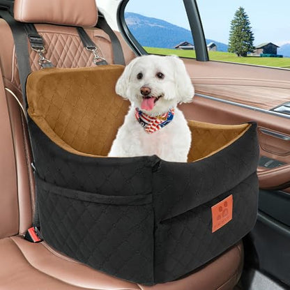 GL GLENSLAVE Dog Car Seat for Small/Medium Dogs, Dog Booster Car Seats with Thick Cushion for Dogs Under 35lbs, Detachable Washable Pet Carseat with Storage Pockets, 2 Safety Belts(Black/Coffee) - color: Black/Coffee
