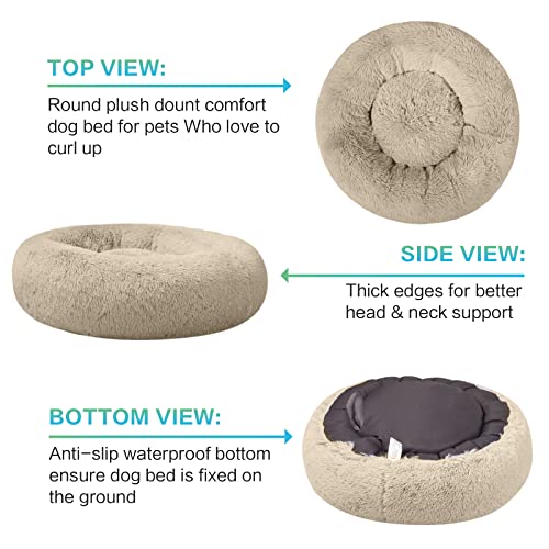 SAVFOX 45 inches Calming Donut Dog Bed - 3X Durable Plush Faux Fur, Machine Washable & Non-Slip, Fits up to 150 lbs, Beige - color: Beige, size: X-Large | 45"x45"