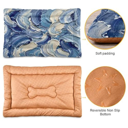 Ocean Waves Pattern Pet Bed Mat for Dogs and Cats, Soft Washable Crate Pad with Non-Slip Bottom, Cozy Bed Cushion for Small Medium Large Pets, 18x24 Inch - size: Small