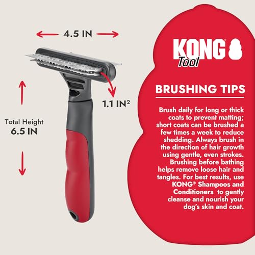 KONG Double-Sided Rake & Deshedding Tool – Detangling & Shedding Control, Rounded Metal Tips, Non-Slip Grip, for Medium to Large Dogs with Medium to Long Coats, Red/Gray - size: Medium Double-Sided Rake