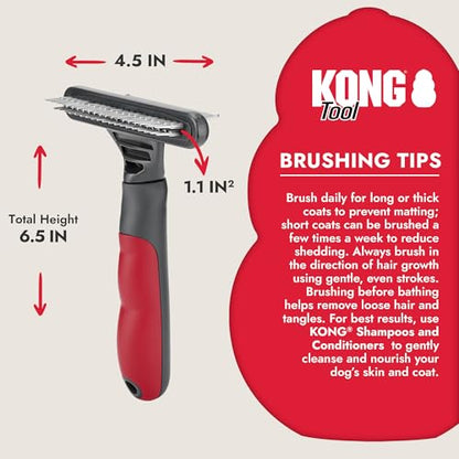 KONG Double-Sided Rake & Deshedding Tool – Detangling & Shedding Control, Rounded Metal Tips, Non-Slip Grip, for Medium to Large Dogs with Medium to Long Coats, Red/Gray - size: Medium Double-Sided Rake