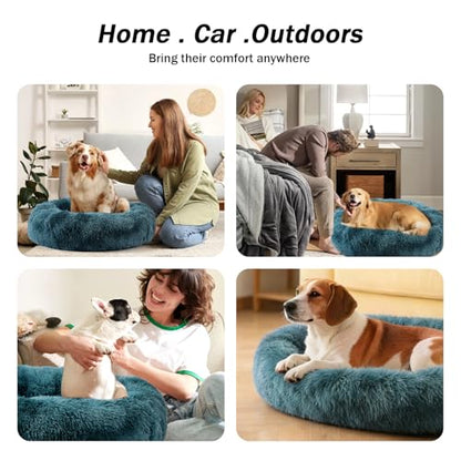 NOYAL Calming Donut Dog Bed for Small to Medium Dogs & Cats - Plush Faux Fur Anti-Anxiety Pet Bed with Machine Washable Cover & Non-Slip Base - color: Gradient Blue, size: Small 19.6''