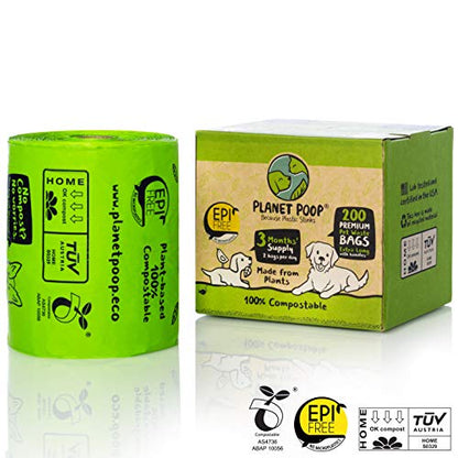 PLANET POOP Home Compostable Dog Poop Bags Extra Long with Handles | Large Single Roll 200 Count Grab & Go | Un-scented Waste Bag | Leakproof Doggy & Cat Bags | Plant-Based Pet Supplies - size: 200 Count (Pack of 1)