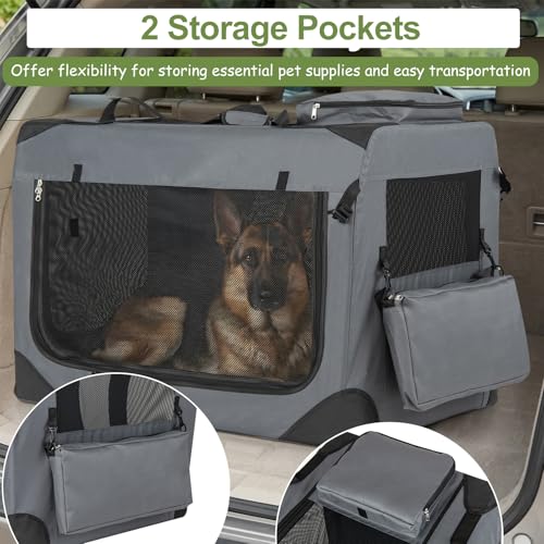 Giantex Folding Soft Dog Crate, 36 Inch Foldable Portable Dog Kennel for Large Dogs up to 70 lbs, Collapsible Soft-Sided Pet Travel Crate with 5-Sided Mesh, 3 Doors, Washable Mat & Storage Pockets - size: 36.0"L x 25.0"W x 25.0"H