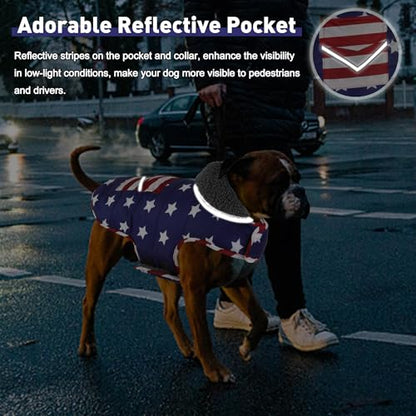 Petglad Dog Coat, Waterproof Dog Winter Jacket with Pocket, Reflective Adjustable Pet Snow Vest, Warm Cozy Fleece Sweater for Small Medium Extra Large Dogs - American Flag, L - color: USA Flag, size: L(Chest Girth:20.1-26.8")