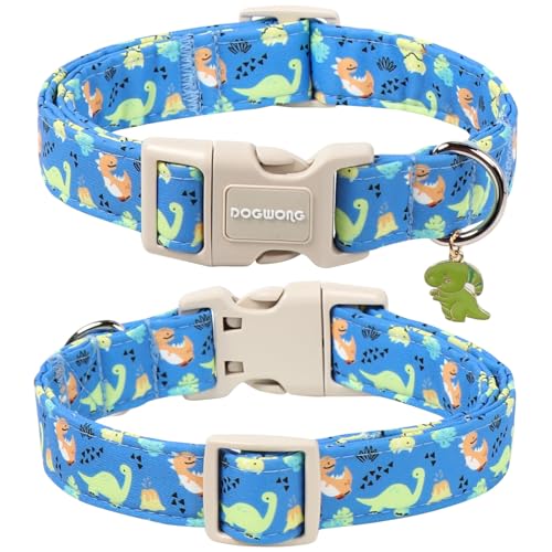 DOGWONG Blue Dog Collar Adjustable Soft Natural Fabric Boy Pet Dog Collar Cute Dinosaur Puppy Collars for Small Medium Large Dogs - color: Z: Dinosaur, size: Extra Small