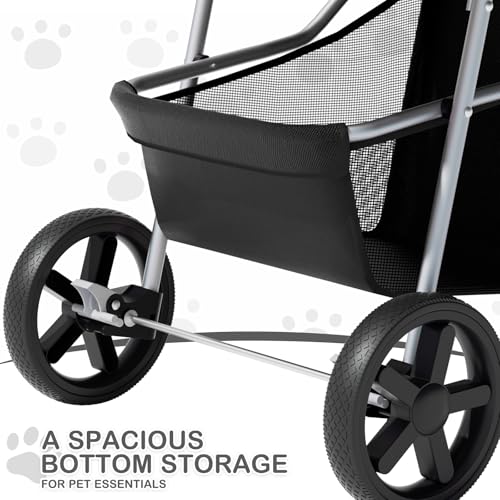 MoNiBloom Foldable Pet Stroller with Weather Cover, 3 Wheels Pet Strolling Cart for Small/Medium Dogs and Cats with Storage Basket and Cup Holder, Breathable and Visible Mesh for All-Season, Black - color: Black