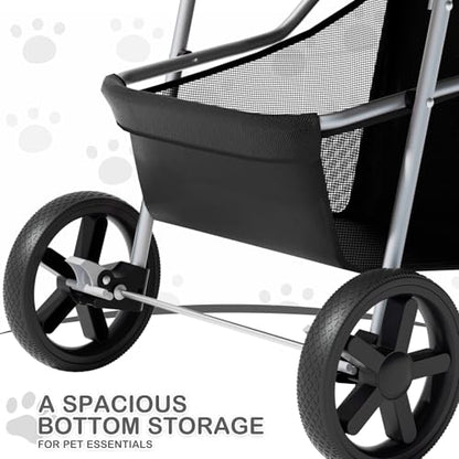 MoNiBloom Foldable Pet Stroller with Weather Cover, 3 Wheels Pet Strolling Cart for Small/Medium Dogs and Cats with Storage Basket and Cup Holder, Breathable and Visible Mesh for All-Season, Black - color: Black