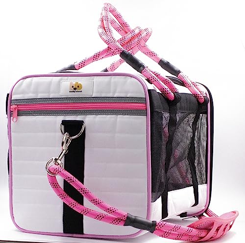 Buddy's Best Airline Approved Pet Carrier – White & Pink Heavy Duty, Fits Under Seat, TSA Compliant, Ventilated Mesh Design w/Waterproof Base & Reflective Safety Strips - color: White & Pink