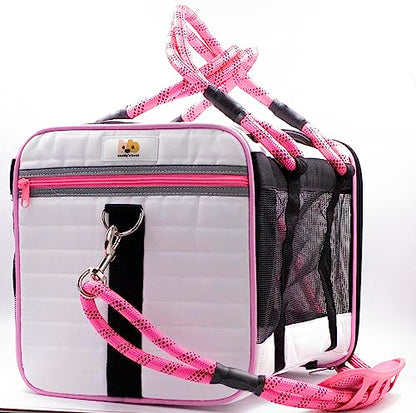 Buddy's Best Airline Approved Pet Carrier – White & Pink Heavy Duty, Fits Under Seat, TSA Compliant, Ventilated Mesh Design w/Waterproof Base & Reflective Safety Strips - color: White & Pink