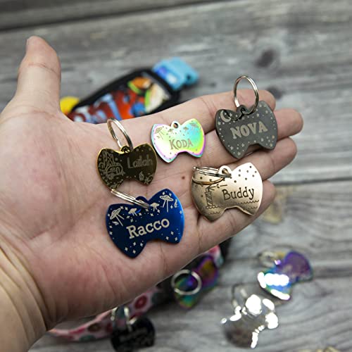 Personalized Dog Tag with 5 Lines of Custom Deep Engraved Durable Stainless Steel Pet ID Name Tag Designer Regular Size Bow Tie - size: Regular, style: Bow-Tie
