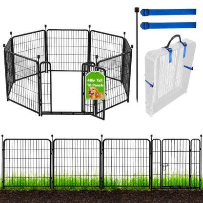 ADAVIN Tall Garden Fence, 48 in(H) 10 Panels Heavy Duty Iron Metal Animal Barrier Fence, Indoor or Outdoor Dog Playpen, Temporary Fence, No Dig Garden Border Fencing for Yard, Total 22.1 FT(L),Black - size: 10panels-48in(H)×22.1ft(L)
