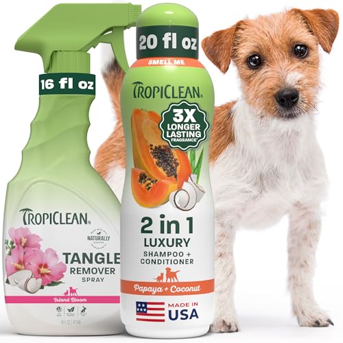 TropiClean 2-in-1 Dog Shampoo and Conditioner & Dog Detangler Spray Dematting, Grooming Bundle, Puppy Safe, Made in USA - size: Bundle