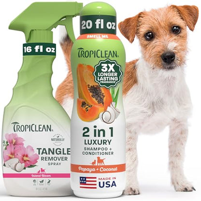 TropiClean 2-in-1 Dog Shampoo and Conditioner & Dog Detangler Spray Dematting, Grooming Bundle, Puppy Safe, Made in USA - size: Bundle