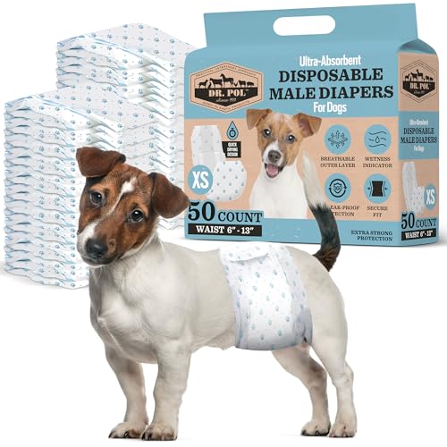 Dr Pol Dog Diapers for Male Dogs | Disposable Pet Diapers with Wetness Indicators | Adjustable Fit | Leak Protection & Super Absorbent | Perfect for Heat Cycles & Training Accidents | Pack of 50 - size: XS Waist Size 6 - 13 in