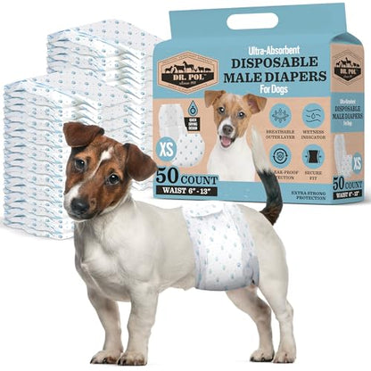 Dr Pol Dog Diapers for Male Dogs | Disposable Pet Diapers with Wetness Indicators | Adjustable Fit | Leak Protection & Super Absorbent | Perfect for Heat Cycles & Training Accidents | Pack of 50 - size: XS Waist Size 6 - 13 in