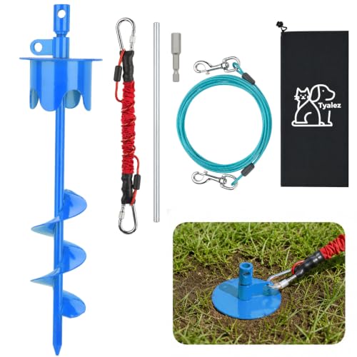 Dog Stakes for Outside Heavy Duty Hold up to 350Lbs Large Dogs Tie Out Tether Leash Chain for Yard Screw in Ground Anchors 17inch with Buffer Rope, Blue, 25 FT Steel Cable - color: Blue, size: 17IN Stake+25FT Cable