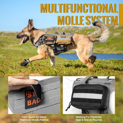 OneTigris Tactical Large Dog Harness, 5X Metal Buckled No Pull Service Dog Harness Vest with Hook & Loop Panels, Military Heavy Duty Dog Vest for Walking Hiking Training - color: Grey, size: L