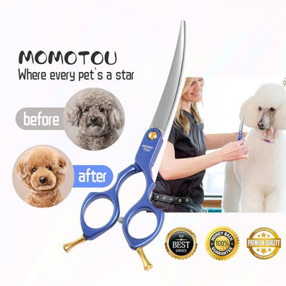 6.5'' Small Curved Dog Grooming Scissors Blue Professional Trimming Shears with Ultra-Lightweight Offset Handle CNC 440C Stainless Steel Blades Pet Scissors for Face and Paws - color: Blue Curved