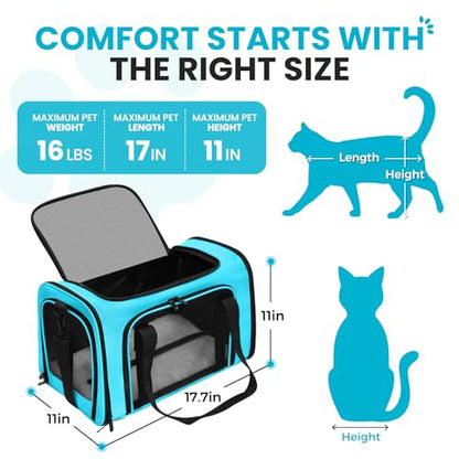 Soft-Sided Cat Carrier Expandable Pet Carrier Airline Approved Mesh Travel Carrier Up to 15lbs for Cats Small Dogs Collapsible Escape-Proof with Shoulder Strap Washable (18x11x11 Blue) - color: Blue, size: 11.0"L x 11.0"W x 18.0"H