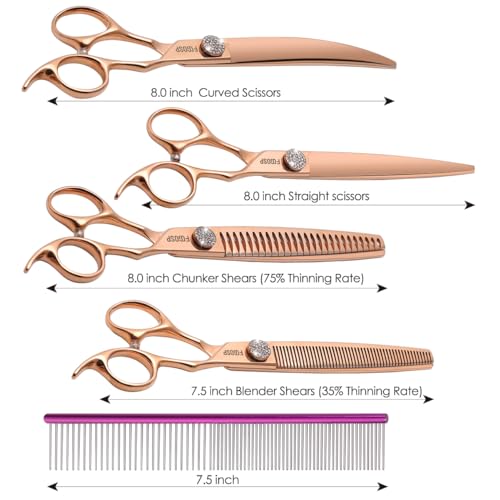 Rose Gold Titanium Dog Grooming Scissors Set 4PCS Curved Thinning Straight Chunkers Shears Kit with White Artificial Diamonds Ergonomic Offset Handle Japan 440C Sharp and Durable - size: 8 inch, style: Dog Scissors Kit