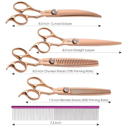 Rose Gold Titanium Dog Grooming Scissors Set 4PCS Curved Thinning Straight Chunkers Shears Kit with White Artificial Diamonds Ergonomic Offset Handle Japan 440C Sharp and Durable - size: 8 inch, style: Dog Scissors Kit