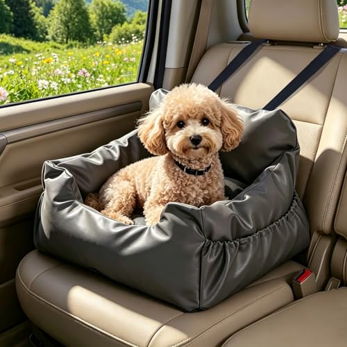 PAWZ Road Dog Car Seat, Pet Car Bed for Travel&Home, Waterproof Leather Dog Booster Seat with Safety Belts & Storage Pocket, Grey - size: Large