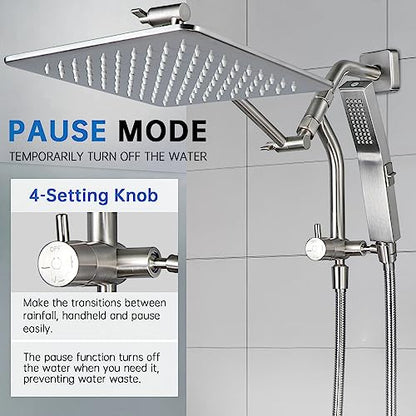 G-Promise All Metal 10 Inch Rain Shower Head with Power Wash Mode Handheld Spray Combo, Pause Setting 3-way Diverter, Full Body Coverage Waterfall Showerhead, Luxury Bathroom Upgrade (Brushed Nickel) - color: Brushed Nickel, size: 10 Inches
