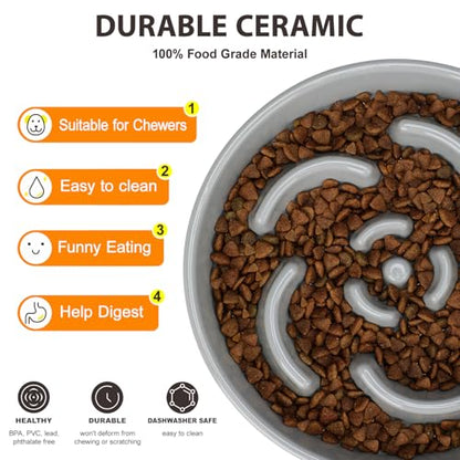 Slow Feeder Dog Bowl, Ceramic 2 Cups Dog Food Bowls for Small, Medium, and Large Breed, Anti-Slip Maze Puzzle Food Dish to Slow Down Eating (Grey, 2 Cups) - color: Flower - Grey