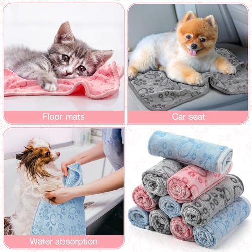 Tegeme 12 Pcs Pet Blankets 30 x 20 Inch Soft Fluffy Fleece Dog Cat Warm Paw Print Pattern Blankets Flannel Throw for Pets Dog Puppy Cat(Pink,Gray,Blue) - color: Pink,gray,blue, size: 30 x 20 Inch